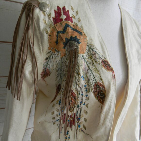 WANTED BY BEADS BEAUTIFUL VTG IVORY OPEN WESTERN RODEO FRINGE BUTTON JACKET S - Picture 2 of 7